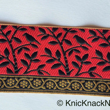 Grey / Red, Black And Gold Embroidered FloralTrim With Leaves, Approx. 56mm wide - 210119L37/38